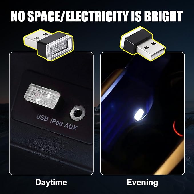Ziciner 4 PCS USB LED Car Interior Atmosphere Lamp, Portable Mini LED Night Light, Plug-in USB Interface Trunk Ambient Lighting Kit, Universal Car Interior Accessories (White, Ice Blue)
