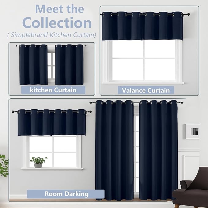 Simplebrand Navy Blue Window Valance for Kitchen 14 Inches Long 2 Panels Set, Room Darkening Valance Curtains for Living Room, Grommet Short Privacy Kitchen Curtains for Bedroom Kids Room, 40Wx14L
