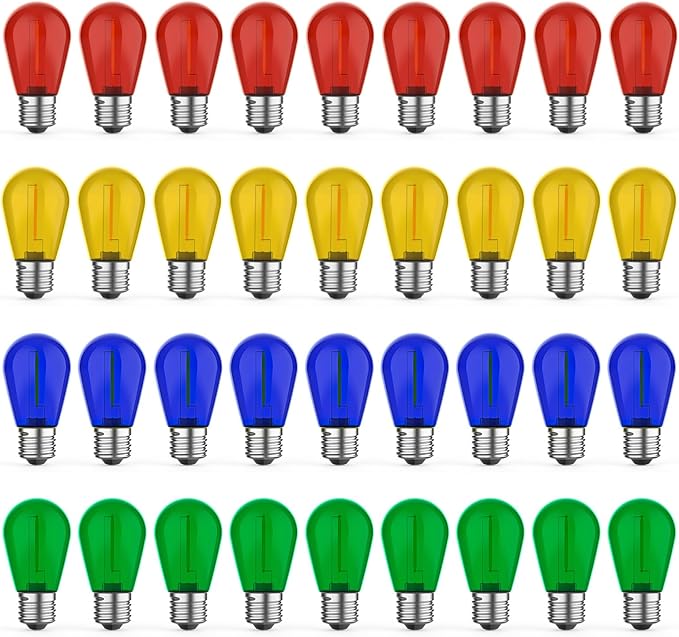 GvvooHome 36 Pack LED S14 Colored Light Bulbs for Outdoor String Lights, Shatterproof 1W Replacement Bulbs for Party Lights, 2200K Warm White, Dimmable, E26 Base, Multi-Color: Red/Green/Blue/Orange