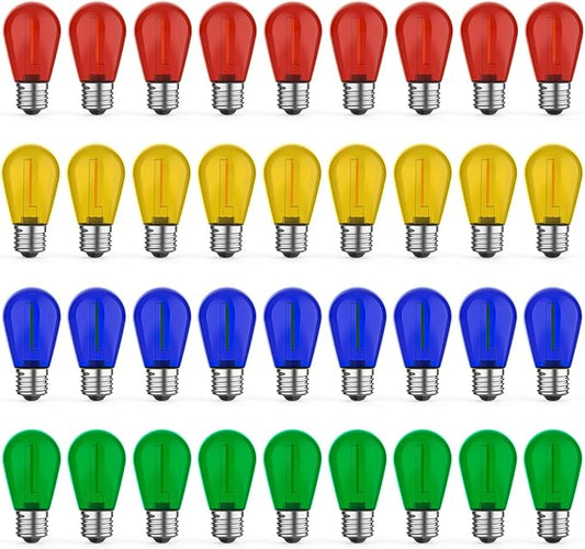 GvvooHome 36 Pack LED S14 Colored Light Bulbs for Outdoor String Lights, Shatterproof 1W Replacement Bulbs for Party Lights, 2200K Warm White, Dimmable, E26 Base, Multi-Color: Red/Green/Blue/Orange
