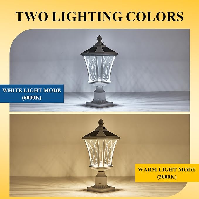 Outdoor Solar Post Lights with Pier Mount Base, White Dusk to Dawn Pillar Lamps with Patterned Glass, Waterproof Exterior Pole Lanterns with for Patio, Garden, Porch