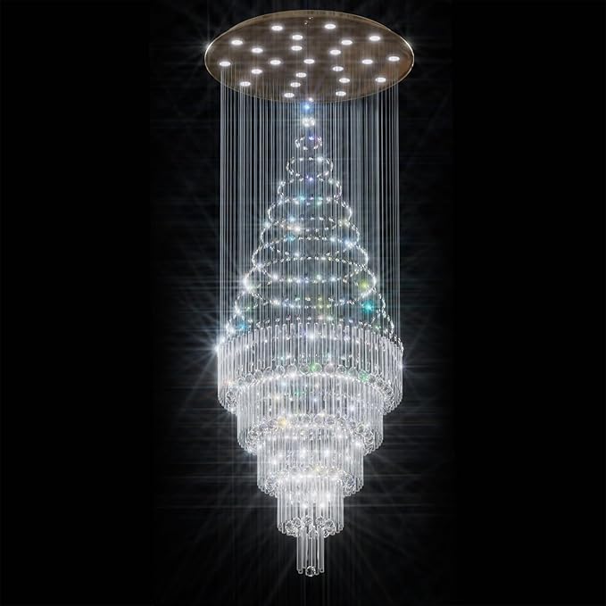 Flashing God 40''x 90'' Gold Large Crystal Chandelier LED Dimming 5-Tier High Ceiling Pendant Light Raindrop Chandeliers for Foyer Staircase Living Room Entryway