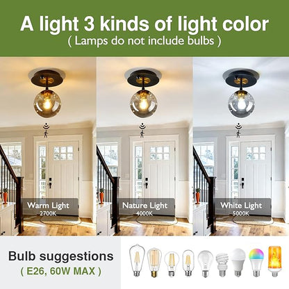 Motion Sensor Light Indoor 1-Light Mini Glass Globe Ceiling Light Fixture Modern Black Semi Flush Mount Light for Hallway Entryway Porch Stairway Closet