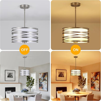 ACNKTZ 12.6'' Brushed Nickel Drum Chandelier, 3-Lights Hanging Dining Room Light Fixtures Over Table, Simple Round Pendant Lighting for Kitchen Island Hallway Bedroom Foyer Bathroom Office