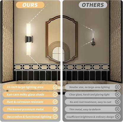Kalium Bathroom Wall Sconce Fixture, 21 Inch Modern Vanity Lights with Frosted Glass Shade, Indoor Sconces Lighting Wall Decor Lamps for Bathrooms Living Room Stairs Bedroom (Black)
