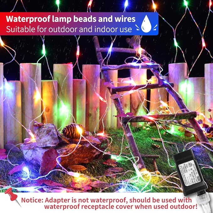 LYHOPE 12ft x 5ft 360 LED Christmas Net Lights, 8 Modes Low Voltage Mesh Christmas Decorative Lights for Xmas Trees, Bushes, Wedding, Garden, Outdoor, Indoor Decor (Multi-Color)