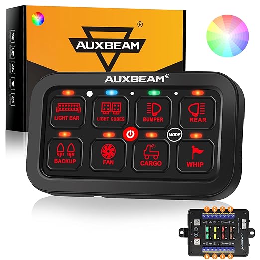 Auxbeam 8 Gang Switch Panel RB80 Toggle Momentary Pulsed RGB Dimmable Switch Panel Multifunction Panel Two Sided Output Marine Switch Panel IP65 Waterproof for Car Boat RV, 3 Years Warranty
