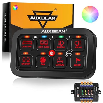 Auxbeam 8 Gang Switch Panel RB80 Toggle Momentary Pulsed RGB Dimmable Switch Panel Multifunction Panel Two Sided Output Marine Switch Panel IP65 Waterproof for Car Boat RV, 3 Years Warranty