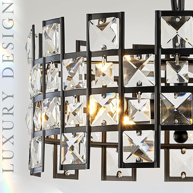 CATINER Black Crystal Pendant Light, 12'' Round 4-Light Modern Chandelier, Semi Flush Mount Ceiling Light for Kitchen Island, Dining Room, Bedroom, Entryway, Hallway, Foyer