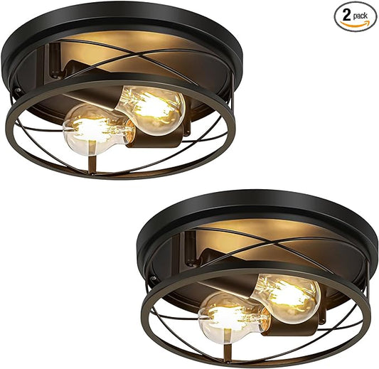 Farmhouse Lights,Black Industrial 2 Pack Round Metal Flush Mount Hallway & Bedroom Ceiling Lamp, Kitchen Round Lights (Bulbs Not Included)