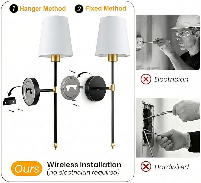 IRONPAX Wall Sconces Battery Operated Set of 2, Wireless Rechargeable Wall Sconce Set of Two, Dimmable Wall Lights with Remote for Bedroom Living Room Hallway Decor (Gold-Black, Fabric Shade)