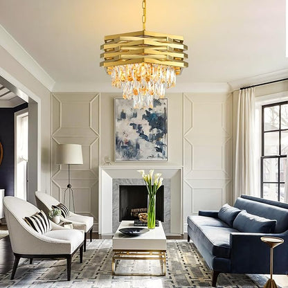 Gold Crystal Chandelier 15.7" Round Modern Crystal Chandeliers for Dining Room K9 3-Tiers Ceiling Pendant Light Fixtures Large Flush Mount Chandelier for Living Room Entryway Foyer Bedroom Kitchen