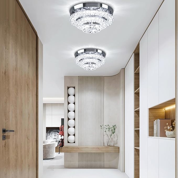 11.8" Modern Crystal Chandeliers LED Crystal Ceiling Light Fixture Flush Mount Ceiling Chandelier Light Chandelier for Dining Room Hallway Three-Tier Dimmable with Remote Control