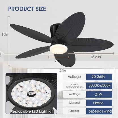 Surtime Palm Leaf Ceiling Fans with Lights-42 Tropical Ceiling Fan with Light and Remote/APP Control,Flush Mount Low Profile Black Ceiling Fans for Bedroom,Indoor/Outdoor Patio Use