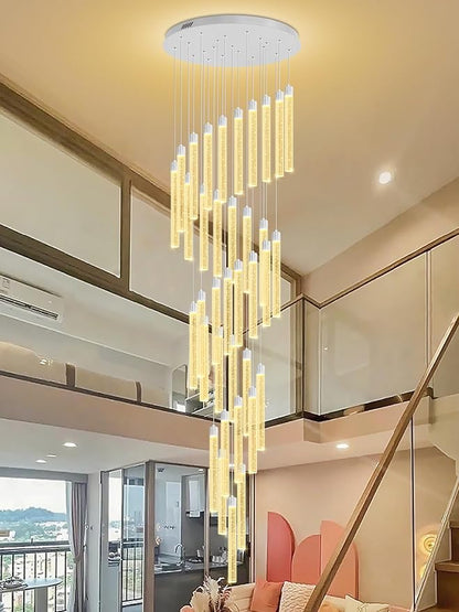 200'' Long Crystal Column Chandelier Silver 36-Lights Extra Large Staircase Chandeliers Dimmable LED Ceiling Lighting Foyer Entryway Light Source is Replaceable