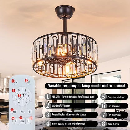 18.2" Modern Crystal Ceiling Fan with Light Black Crystal Fandelier Light Caged Ceiling Fan Light with Remote Reversible Industrial Chandelier Fan for Bedroom Living Room Dining Room Entry foryer