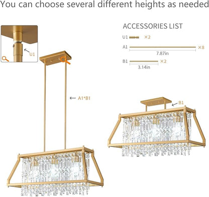 LMQNINE Chandeliers for Dining Room, 3-Light Trapezoidal Industrial Dining Room Light Fixture Farmhouse Chandelier Crystal Pendant Lights Kitchen Island Living Room (Gold 25.98 inch)