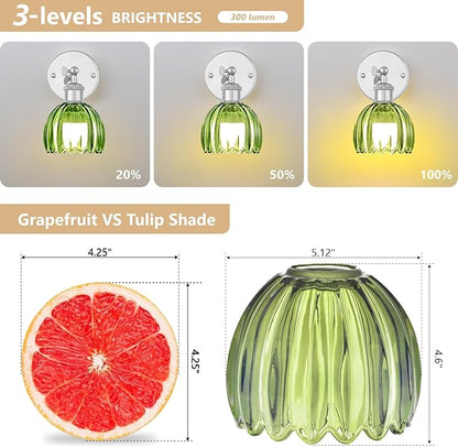 Vintage Battery Operated Wall Sconce, Green Tulip Glass Lampshade Wireless Rechargeable Battery Powered LED Wall Light with Remote Dimmable for Bedside Bedroom Living Room, Silver, Set of 2