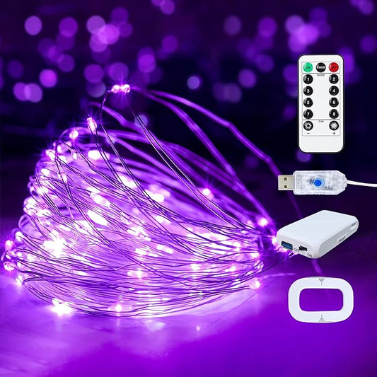 1Pack USB Plug in Fairy String Lights,16ft 50 LED Copper with Remote and Timer, 8 Modes Waterproof Twinkle String Lights Battery Powered for Bedroom Indoor Party Wedding Christmas Decoration (Purple)