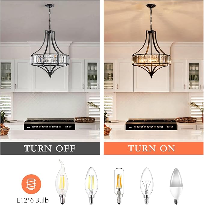 Crystal Chandeliers for Dining Room Rustic Farmhouse Chandelier with Round Metal Shade 6-Light Black Large Crystal Light Fixture for Kitchen Island Hallway Bedroom Home Office