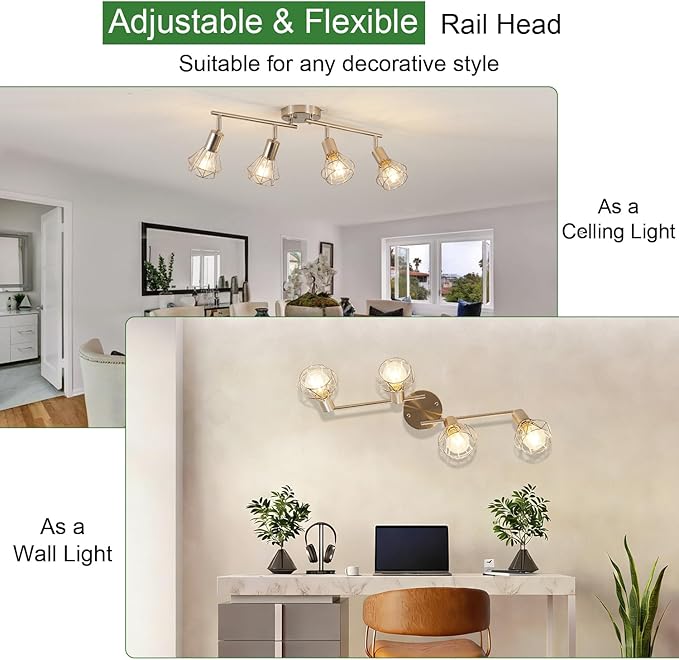 4-Light Track Light Brushed Nickel Adjustable Kitchen Track Lighting Multi-Directional Cage Flush Mount Ceiling Light with E26 Base Farmhouse Close to Ceiling Lamp for Dining Room Hallway