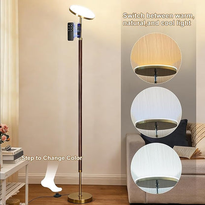 Wood Floor Lamp 30W 3000Lm Super Bright LED Wooden Floor Lamp, Remote Control 69" Tall Standing Lamp Stepless Dimming & Color Temperature Adjustable, Modern Torchiere Lamp for Bedroom, Office Walnut