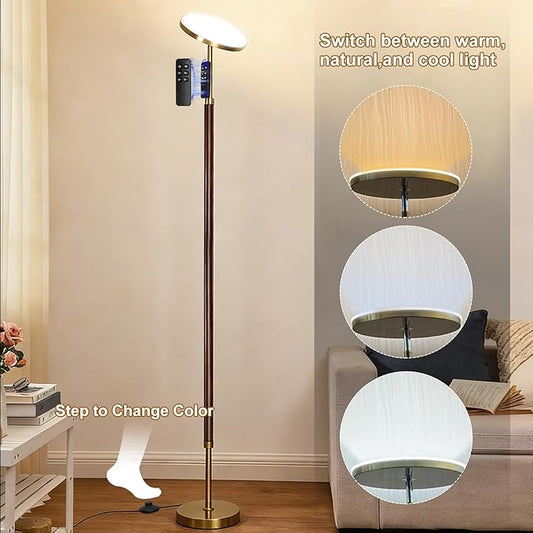 Wood Floor Lamp 30W 3000Lm Super Bright LED Wooden Floor Lamp, Remote Control 69" Tall Standing Lamp Stepless Dimming & Color Temperature Adjustable, Modern Torchiere Lamp for Bedroom, Office Walnut