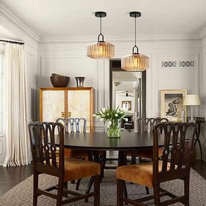 Glass Globe Pendant Light fixtures 1-Lights Black Mid Century Modern Pendant Lights with Amber Hand Blown Glass Shade Ceiling Hanging Lighting for Dining Room Kitchen Ceiling Hanging Light