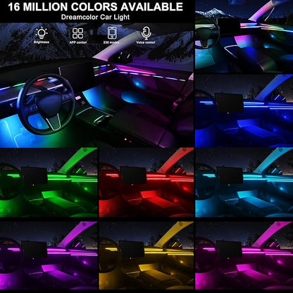 Dreamcolor Acrylic Interior Car LED Strip Light with Wireless APP, RGB 18 in 1 with 175 inches 593 LEDs Fiber Optic Strip Lights for Car, Dynamic Chasing Music Sync Neon Car Ambient Lighting Kits