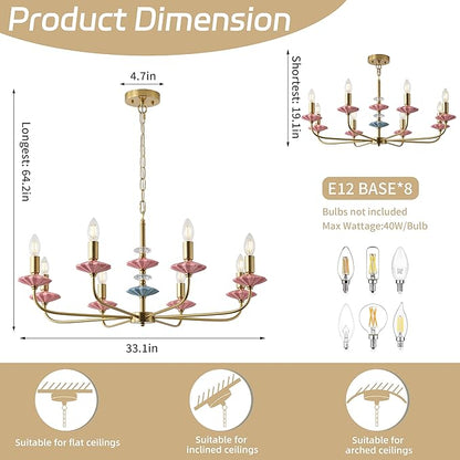 Pink Chandeliers for Dining Room Light Fixture Over Table,Brass Gold Art Deco Chandelier, Modern Vintage Chandelier with Ceramic,Farmhouse Chandelier for Girls Bedroom, Living Room, Foyer
