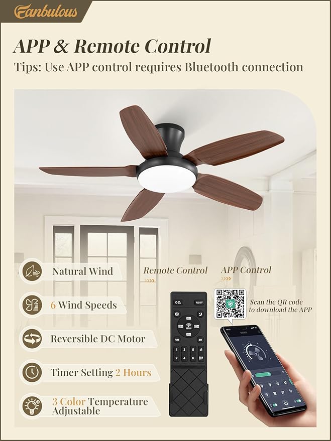 Fanbulous Ceiling Fans with Lights, 42 inch Low Profile Flush Mount Ceiling Fan with Remote/APP Control,Black Modern Ceiling Fan with LED Light for Bedroom Indoor Outdoor-LED Dimmable, 3CCT, 6 Speeds