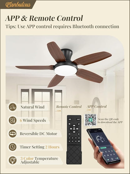 Fanbulous Ceiling Fans with Lights, 42 inch Low Profile Flush Mount Ceiling Fan with Remote/APP Control,Black Modern Ceiling Fan with LED Light for Bedroom Indoor Outdoor-LED Dimmable, 3CCT, 6 Speeds