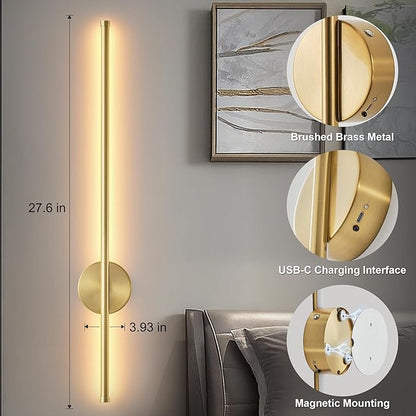 Battery Operated Modern Wall Sconces Set of Two,Rechargeable Wireless Wall Lights with Remote Control,Dimmable,3CCT,Timer,360°Rotation,Cordless Lighting for Bedroom,Living Room,Hallway,Brass,27.6 Inch