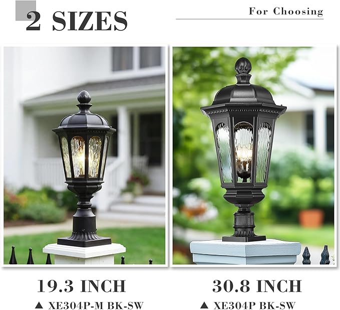 Emliviar 19.3 Inch Lamp Post Light Fixture, Matte Black Pillar Outdoor Lantern for Garden and Patio, E26 Base, Water Ripple Glass, XE304P-M BK-SW