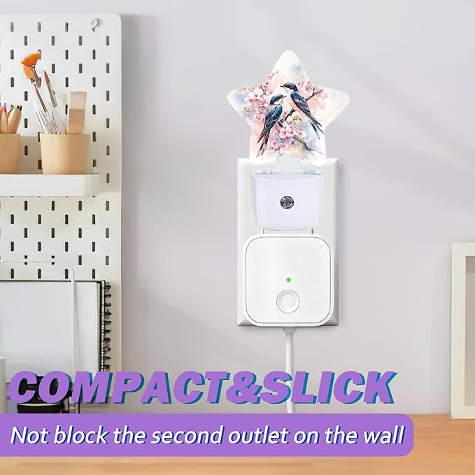 Spring Birds Night Lights Plug Into Wall,Pink Flowers Dusk to Dawn Light Sensor Night Light for Kids, Energy Efficient Sleep Friendly Lamp for Bedroom Bathroom Nursery
