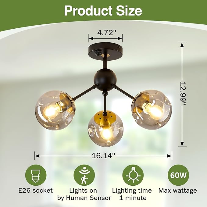 Motion Sensor Light Indoor 3-Light Vintage Semi Flush Mount Ceiling Light Fixture with Glass Globe Black Chandelier for Closet Hallway Stairway Porch Entryway