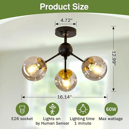 Motion Sensor Light Indoor 3-Light Vintage Semi Flush Mount Ceiling Light Fixture with Glass Globe Black Chandelier for Closet Hallway Stairway Porch Entryway
