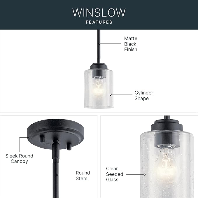 Kichler Winslow 1-Light Mini Pendant Light Fixture with Clear Seeded Glass in Black for Kitchen Island, Bar, Laundry Sink, Hanging Ceiling Light (7.5" x 4.25"), 44032BK