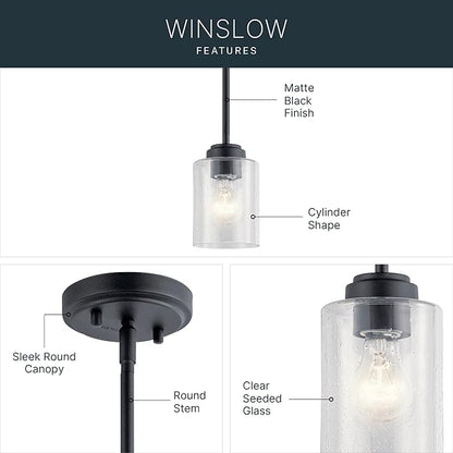 Kichler Winslow 1-Light Mini Pendant Light Fixture with Clear Seeded Glass in Black for Kitchen Island, Bar, Laundry Sink, Hanging Ceiling Light (7.5" x 4.25"), 44032BK