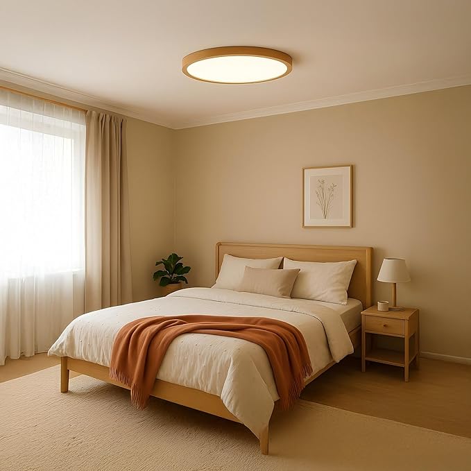 Ultra-Thin LED Ceiling Light Fixture 20.47", Handcrafted Walnut Wood Modern Wabi-Sabi Style, Slim 2.5cm Profile, 37W LED 3000K-4000K-6000K, Round Minimalist Lamp for Bedroom Kitchen Hallway
