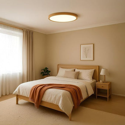 Ultra-Thin LED Ceiling Light Fixture 16.53", Handcrafted Walnut Wood Modern Wabi-Sabi Style, Slim 2.5cm Profile, 37W LED 3000K-4000K-6000K, Round Minimalist Lamp for Bedroom Kitchen Hallway