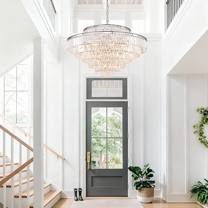 Large Crystal Chandelier Luxury Pendant Ceiling Lights Fixture Hanging Raindrop Pendant Light Fixture for Dining Room Bedroom Living Room-Chrome, 39 Inch