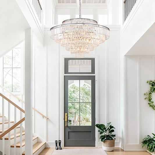 Large Crystal Chandelier Luxury Pendant Ceiling Lights Fixture Hanging Raindrop Pendant Light Fixture for Dining Room Bedroom Living Room-Chrome, 39 Inch