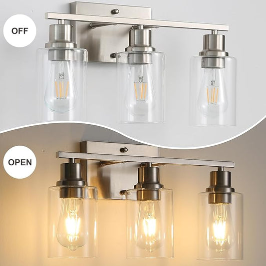 Brushed Nickel Wall Sconces,3-Lights Bathroom Vanity Light Fixtures with Clear Glass Shades, Farmhouse Modern Wall Lighting for Mirror,Bedroom,Living Room