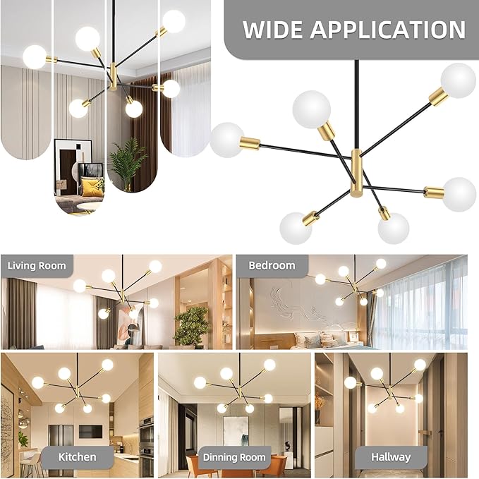 CANMEIJIA Modern Modern Sputnik Chandelier, Industrial Black Gold Ceiling Light Fixture,6-Light Pendant Light Fixture for Kitchen Island,Bedroom Dining Room Living Room