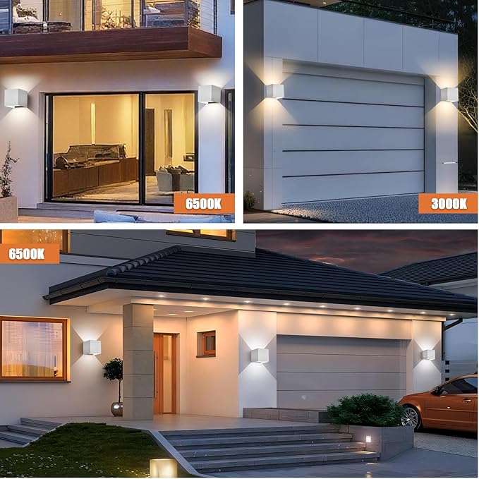 2 Pack LED Outdoor Wall Sconces Exterior/Interior,Modern Square Aluminum Wall Light Fixture ,Variable Beam IP65 Waterproof Lights.15W 3-Color-Changeable Up and Down Outdoor Lighting Fixtures（White）
