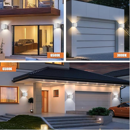 2 Pack LED Outdoor Wall Sconces Exterior/Interior,Modern Square Aluminum Wall Light Fixture ,Variable Beam IP65 Waterproof Lights.15W 3-Color-Changeable Up and Down Outdoor Lighting Fixtures（White）