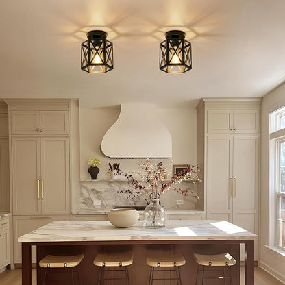 Modern Semi Flush Mount Ceiling Light,1-Light Hexagon Flush Mount Ceiling Lights for Dining Room Light Fixture,Farmhouse Black Metal Kitchen Island Lighting Fixtures for Hallway,Bathroom