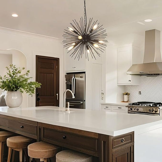20" Black Sputnik Chandelier Vintage 9-Light Modern Starburst Chandelier Light Fixture Solid Metal Black Satellite Sputnik Chandeliers for Dining Room, Kitchen, Bedroom, Living Room, Foyer