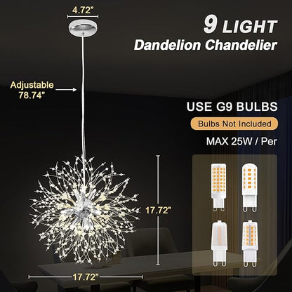 Modern Dandelion Firework Chandelier, Chrome Bathroom Chandelier, Crystal Hanging Pendant Lighting Fixture for Dining Room, Bedroom, Entryway, Foyer, 9-Light